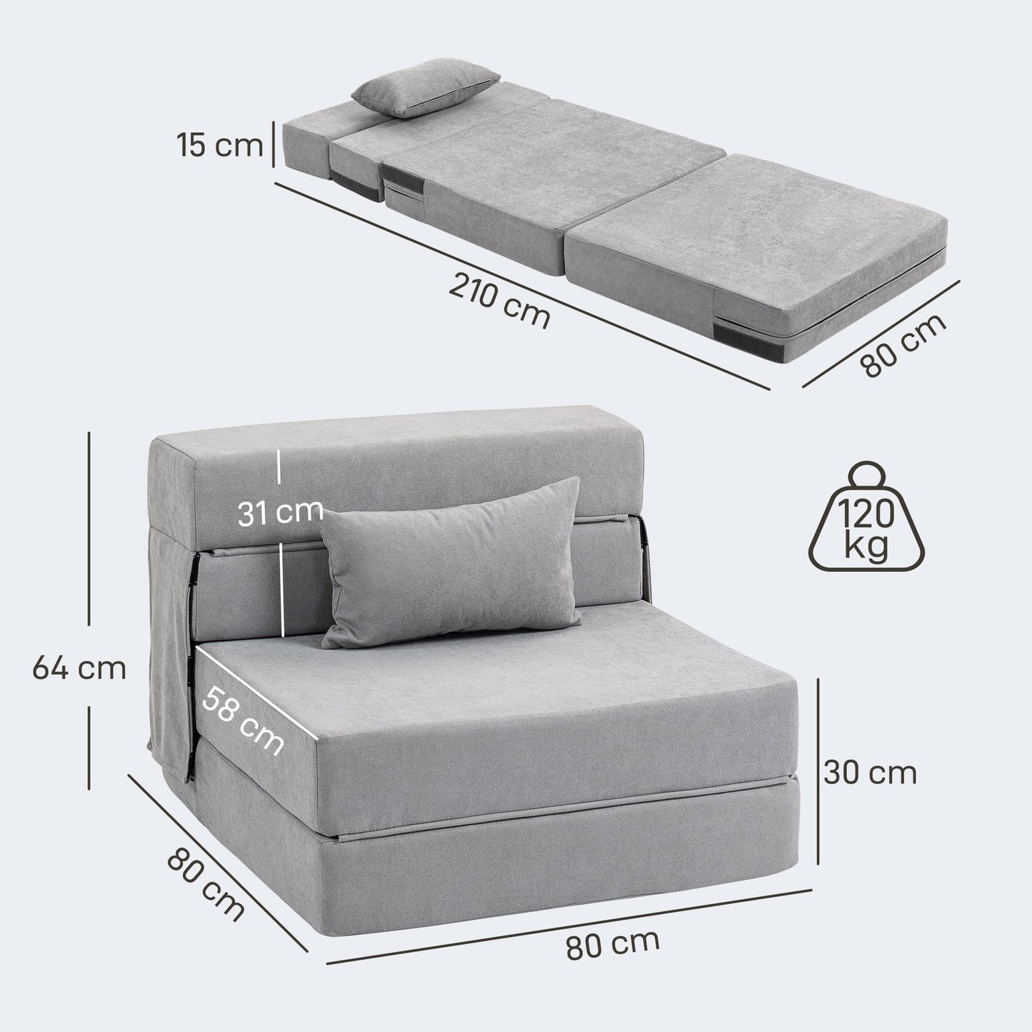 Convertible Floor Sofa Bed – Foam, Light Grey, Includes Pillow