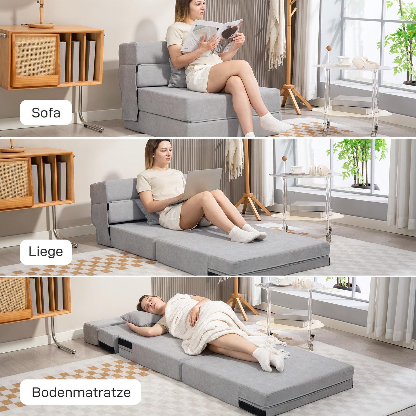 Convertible Floor Sofa Bed – Foam, Light Grey, Includes Pillow