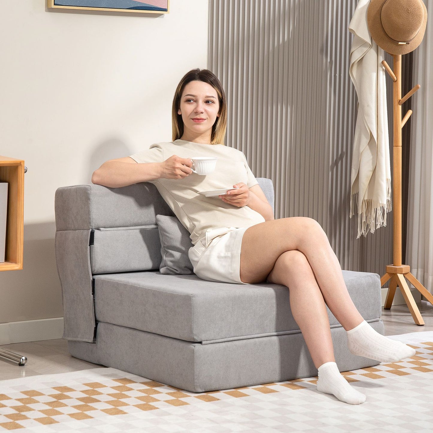 Convertible Floor Sofa Bed – Foam, Light Grey, Includes Pillow