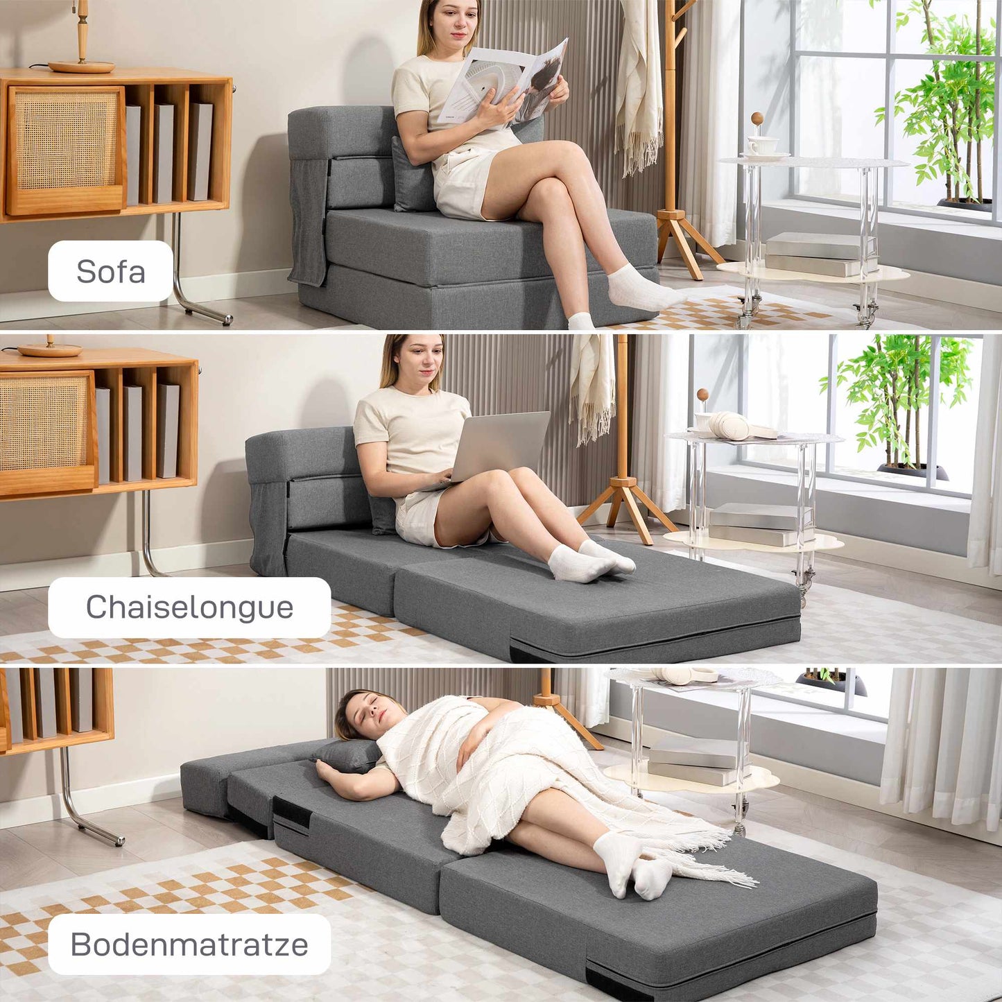 Convertible Foam Sofa Bed, Grey, Linen-Style Fabric