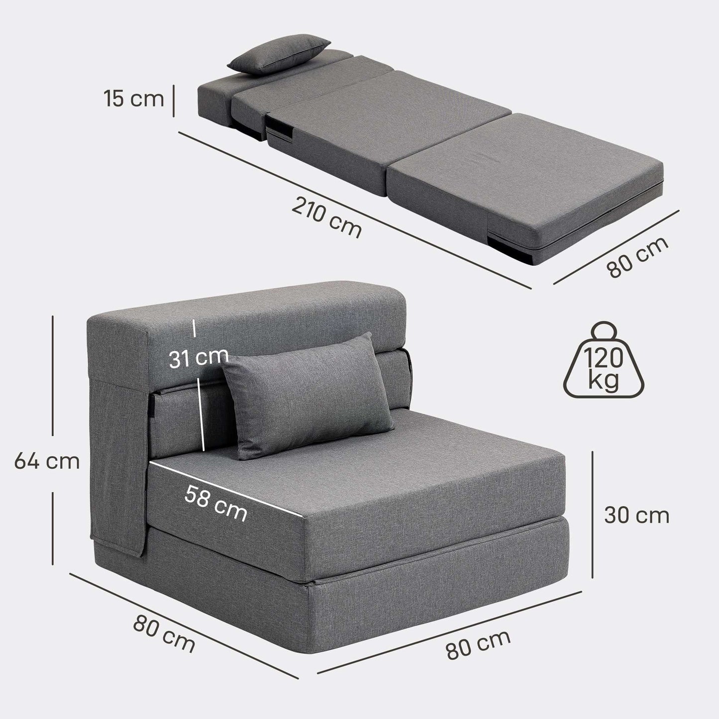 Convertible Foam Sofa Bed, Grey, Linen-Style Fabric
