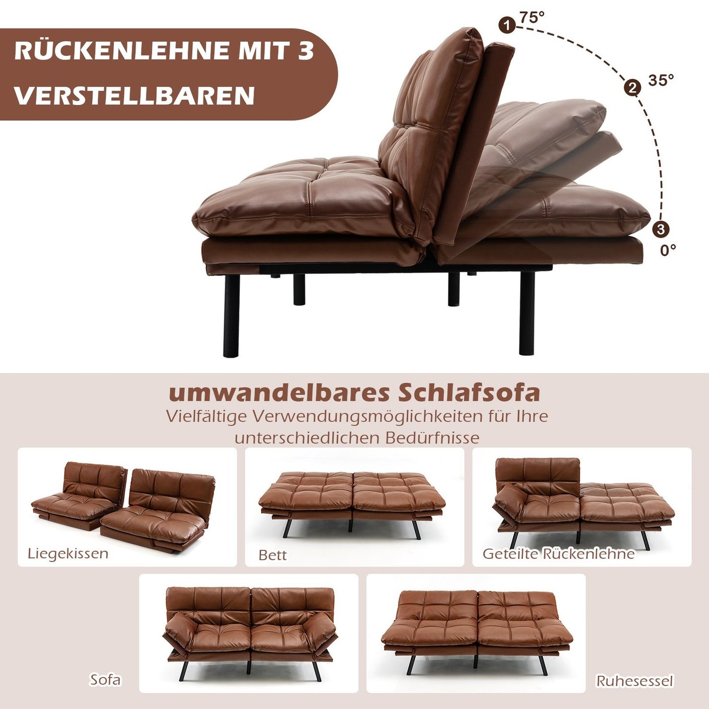 Convertible Futon Sofa Bed with Adjustable Backrest