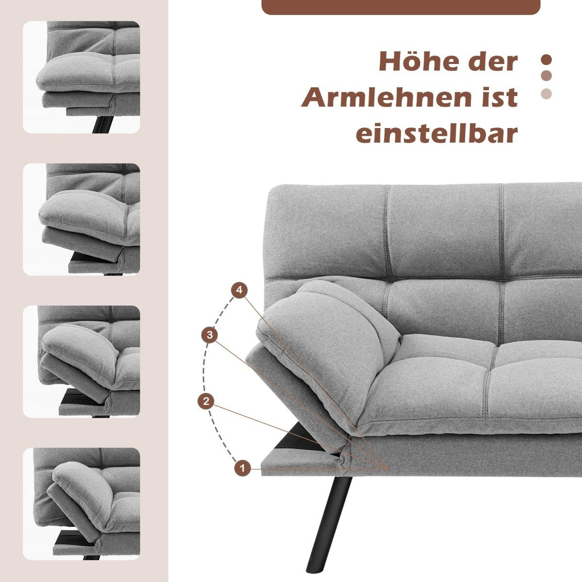 Convertible Grey Futon Sofa Bed with Adjustable Backrest
