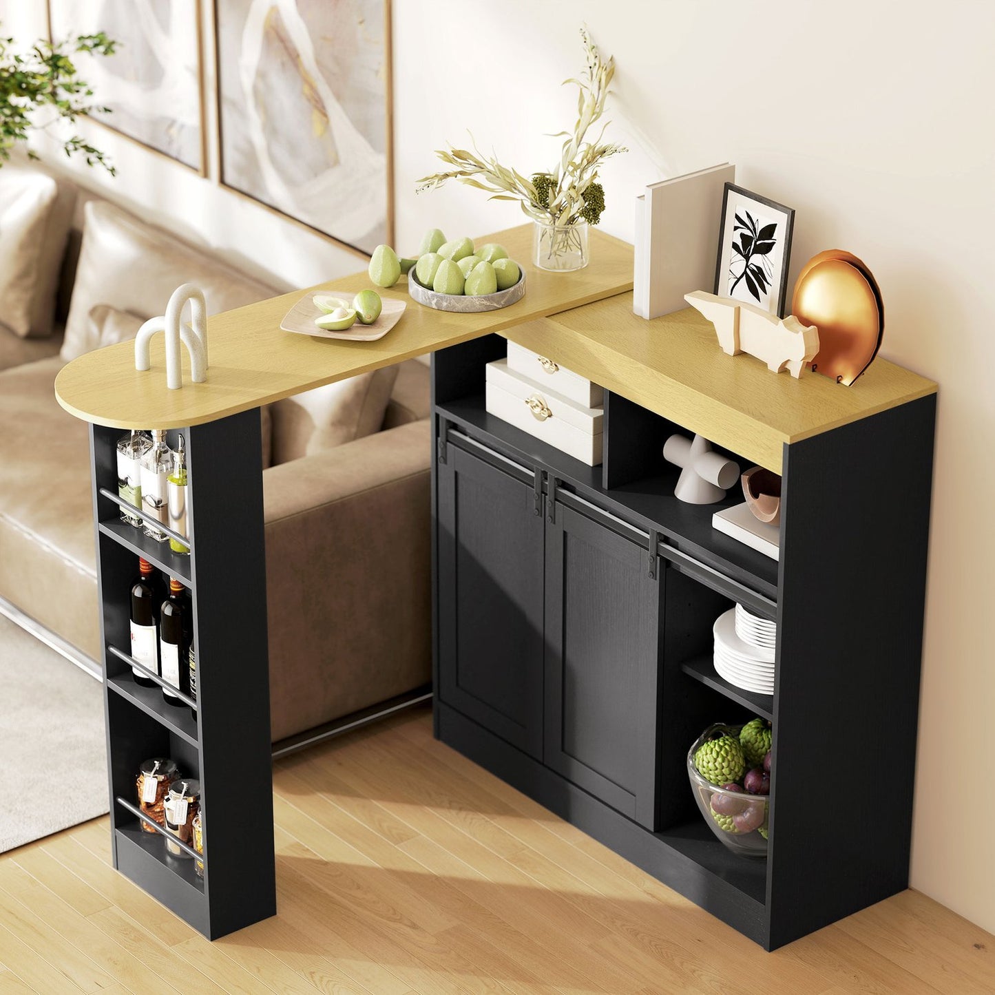 Convertible L-Shaped Bar Table, Black MDF, Ample Storage