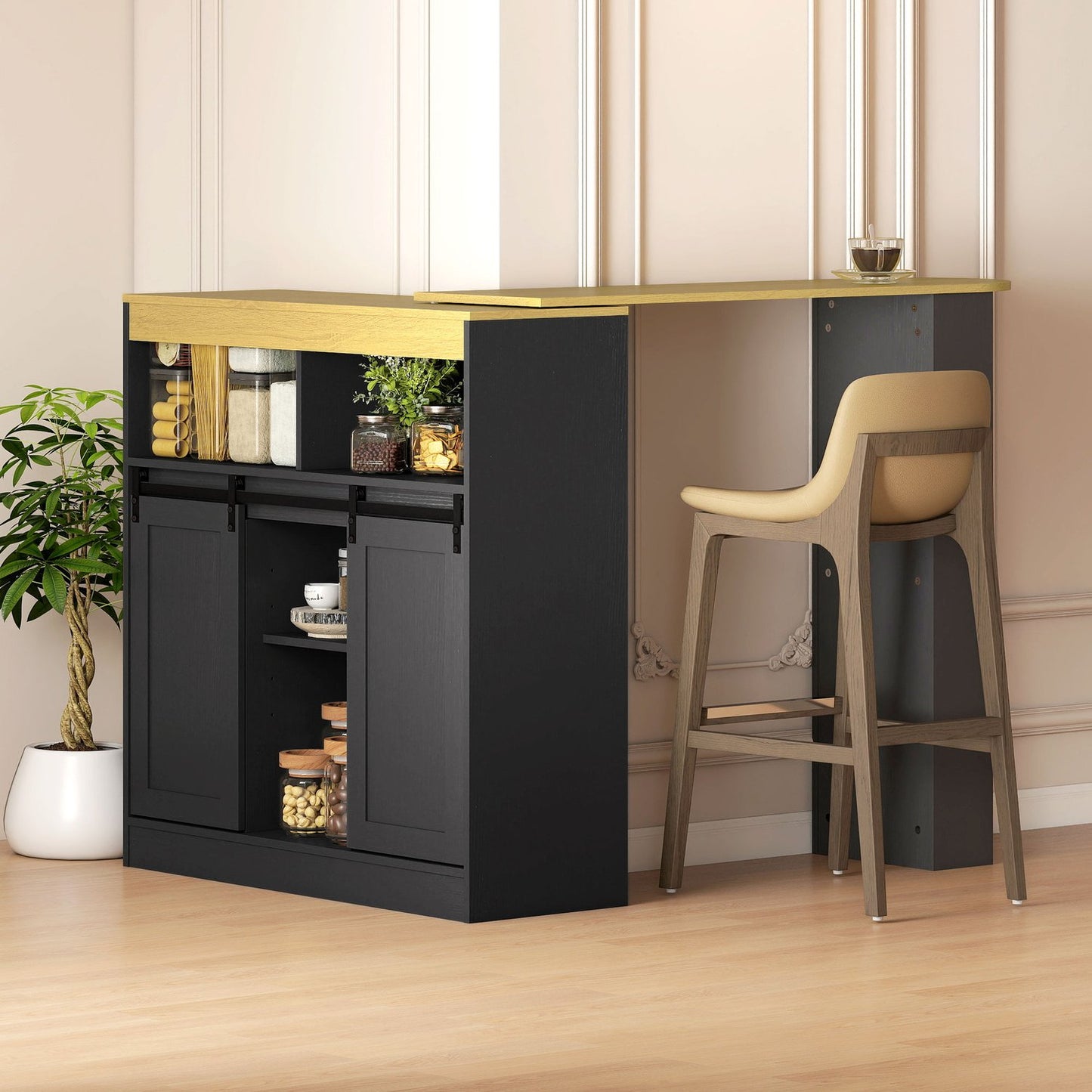 Convertible L-Shaped Bar Table, Black MDF, Ample Storage