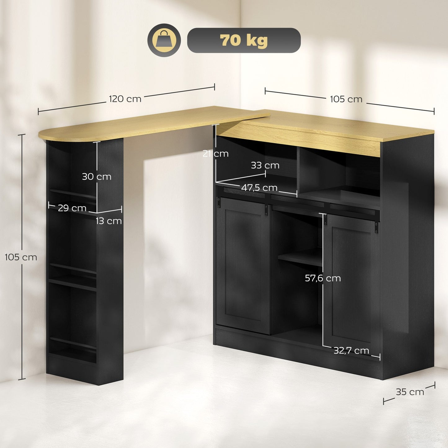 Convertible L-Shaped Bar Table, Black MDF, Ample Storage