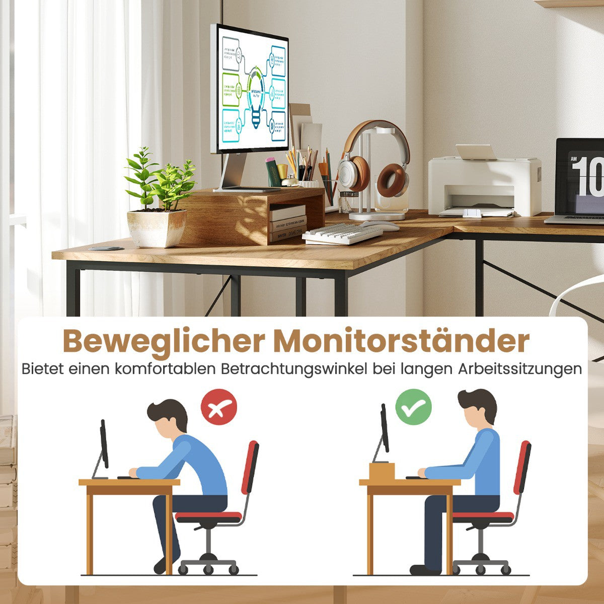 Convertible L-Shaped Desk with Removable Monitor Stand