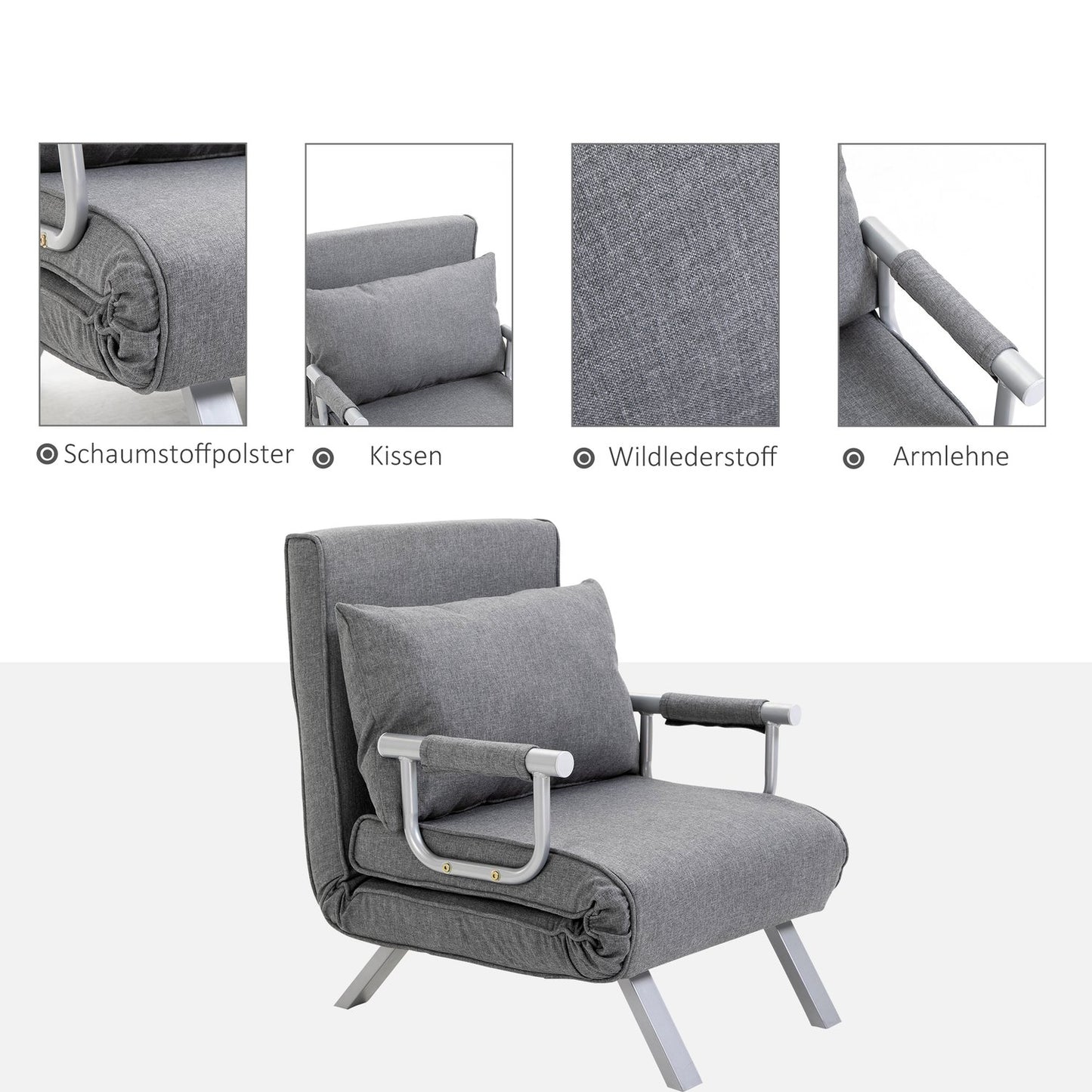 Convertible Recliner Chair with Bed Function, Grey, 65x69x80 cm