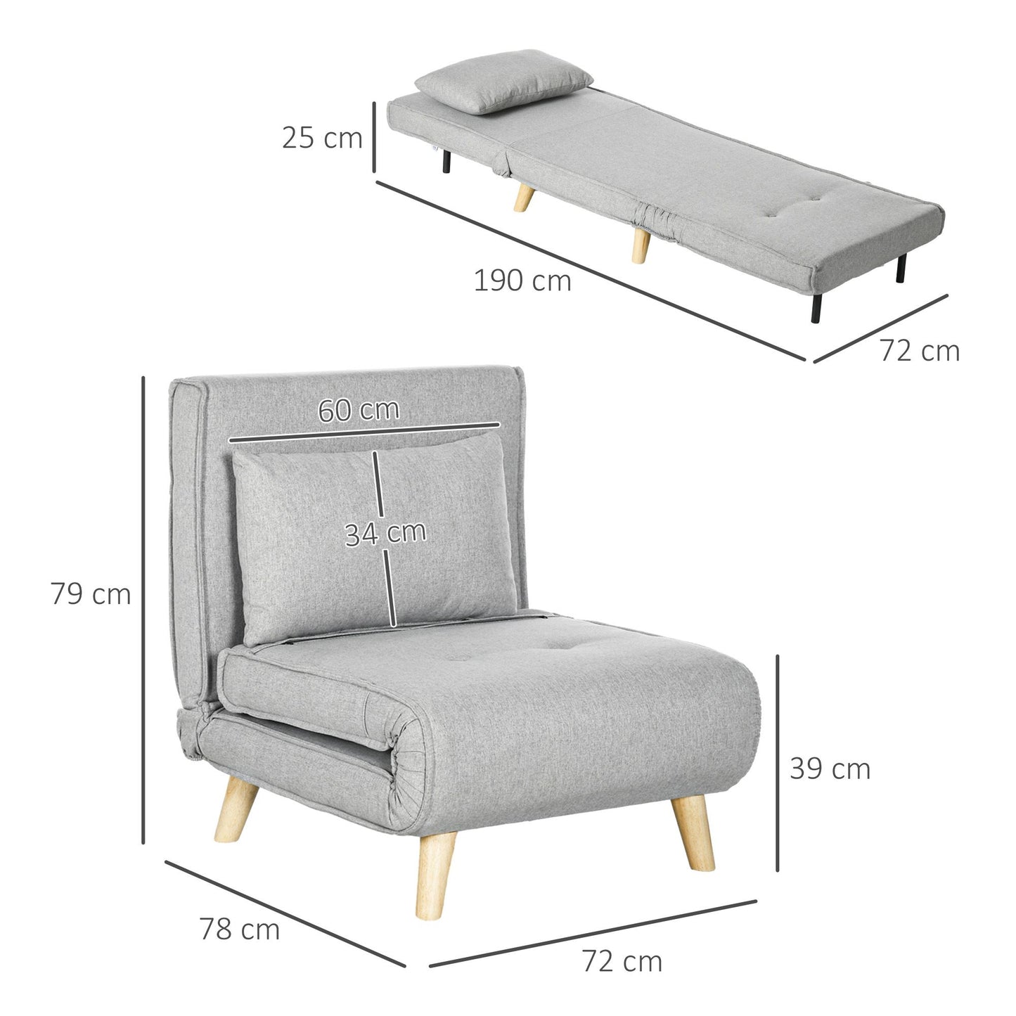 Convertible Sleeper Chair, Adjustable Backrest, Linen Look, Light Grey
