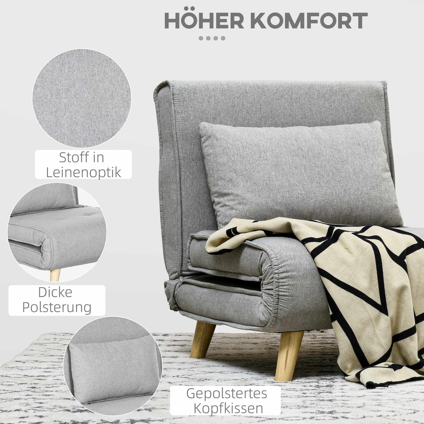 Convertible Sleeper Chair, Adjustable Backrest, Linen Look, Light Grey