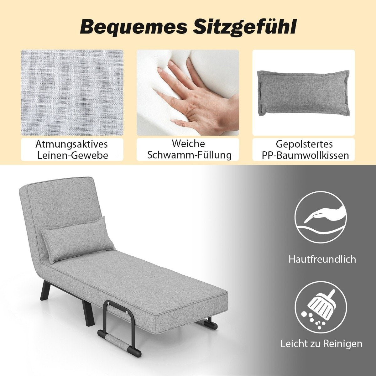 Convertible Sleeper Chair Bed, 6-Position Recliner, Light Grey