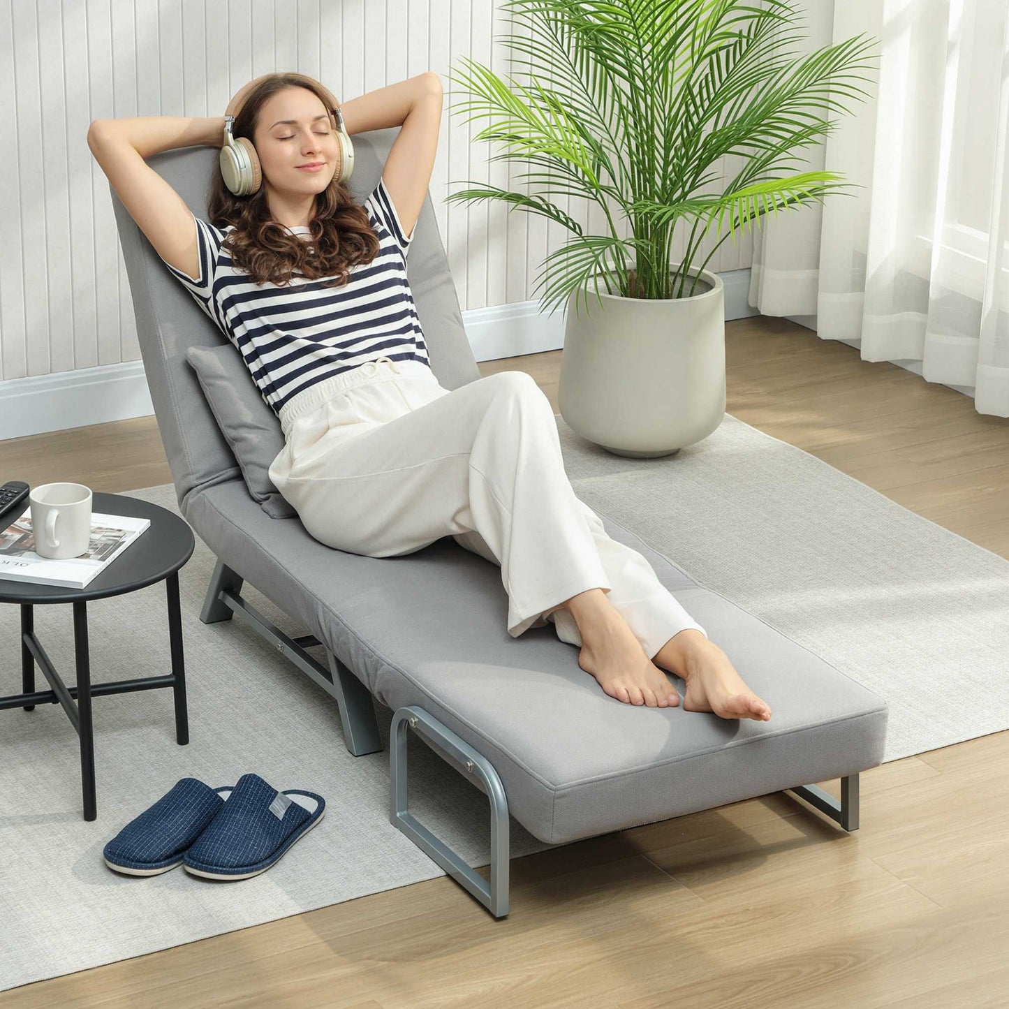 Convertible Sleeper Chair, Ergonomic, Light Grey Fabric