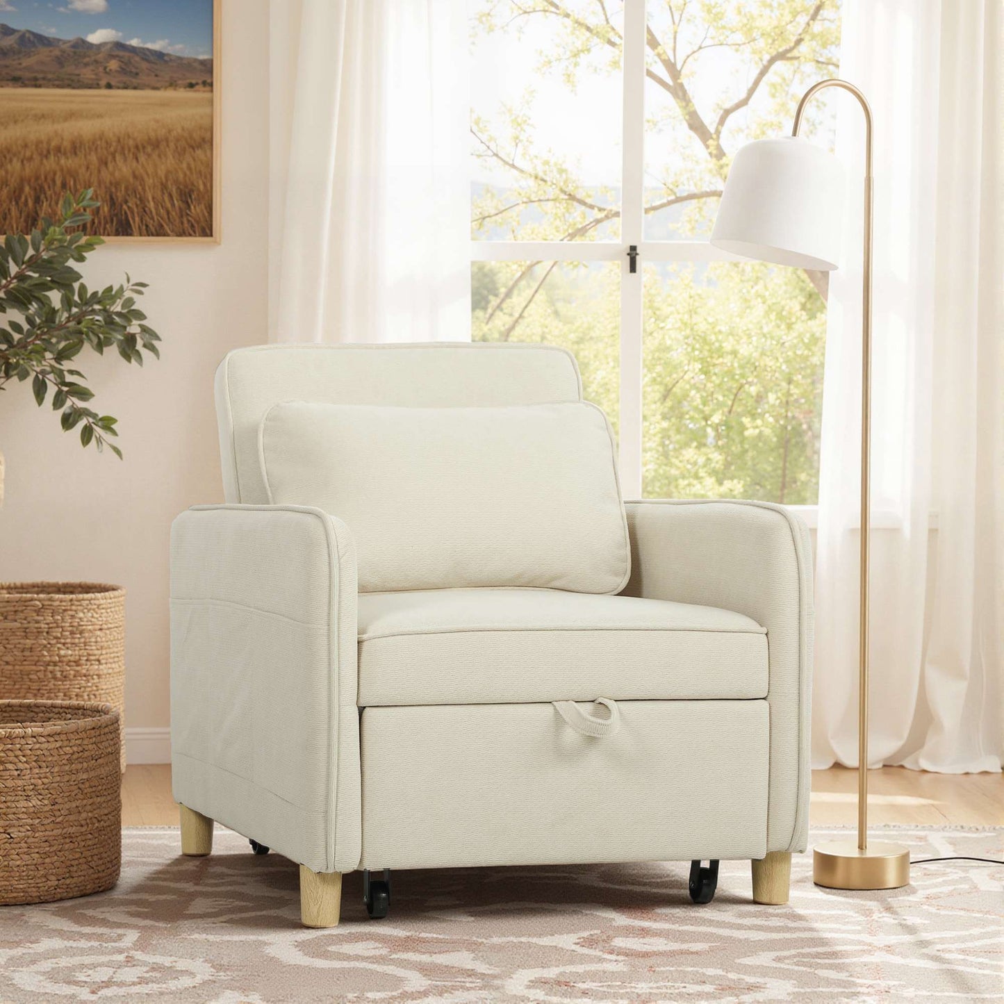 Convertible Sleeper Chair, Foam Padding, Beige Fabric