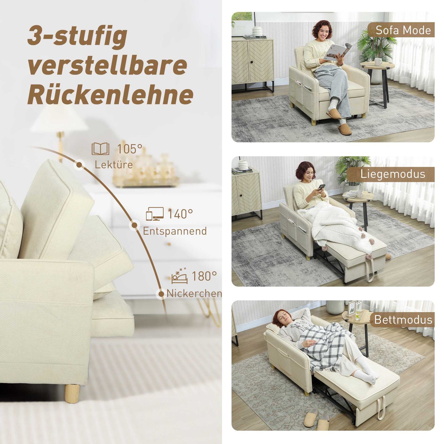 Convertible Sleeper Chair, Foam Padding, Beige Fabric