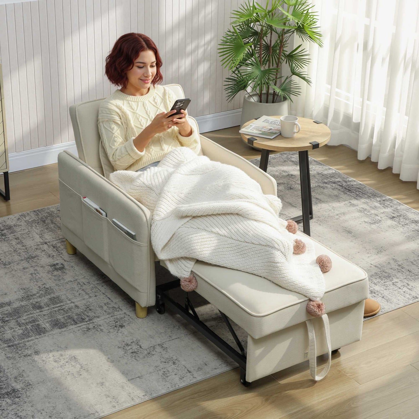Convertible Sleeper Chair, Foam Padding, Beige Fabric
