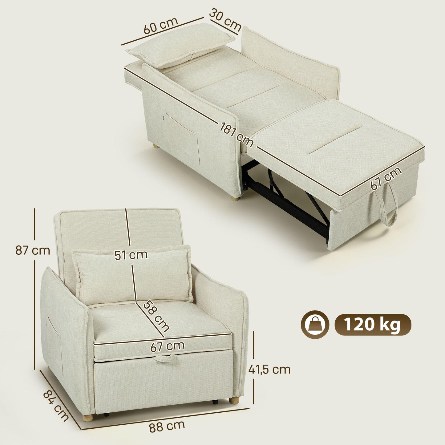 Convertible Sleeper Chair with Bed Function, Cream, 3-in-1