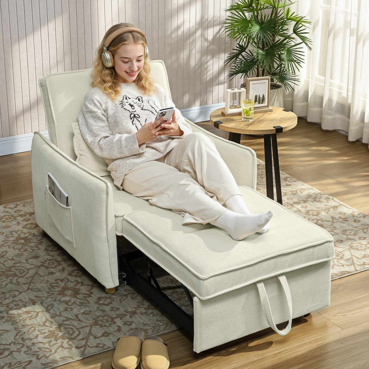 Convertible Sleeper Chair with Bed Function, Cream, 3-in-1