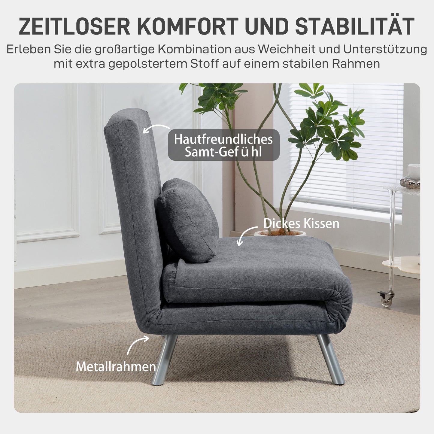 Convertible Sleeper Chair with Cushion, Dark Grey Fabric