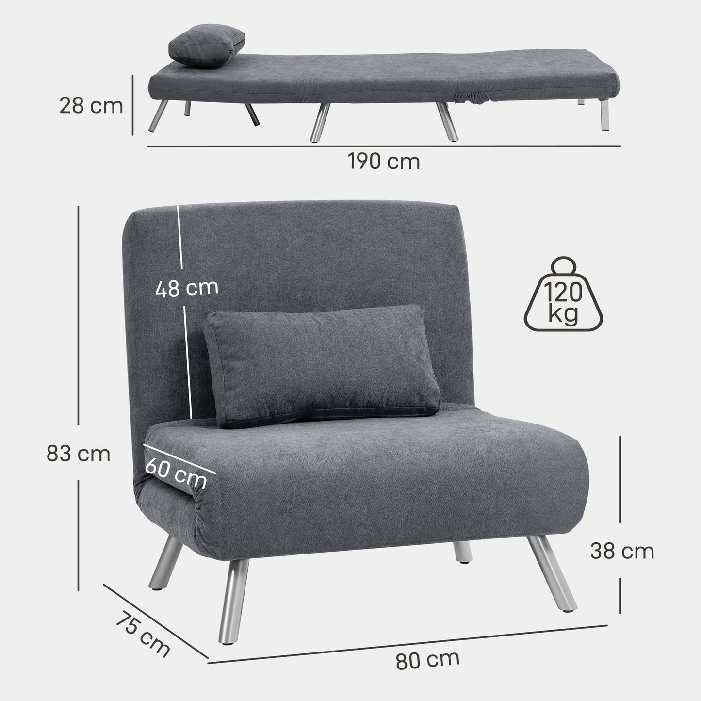 Convertible Sleeper Chair with Cushion, Dark Grey Fabric