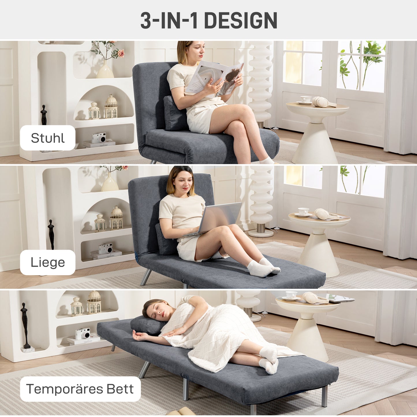 Convertible Sleeper Chair with Cushion, Dark Grey Fabric