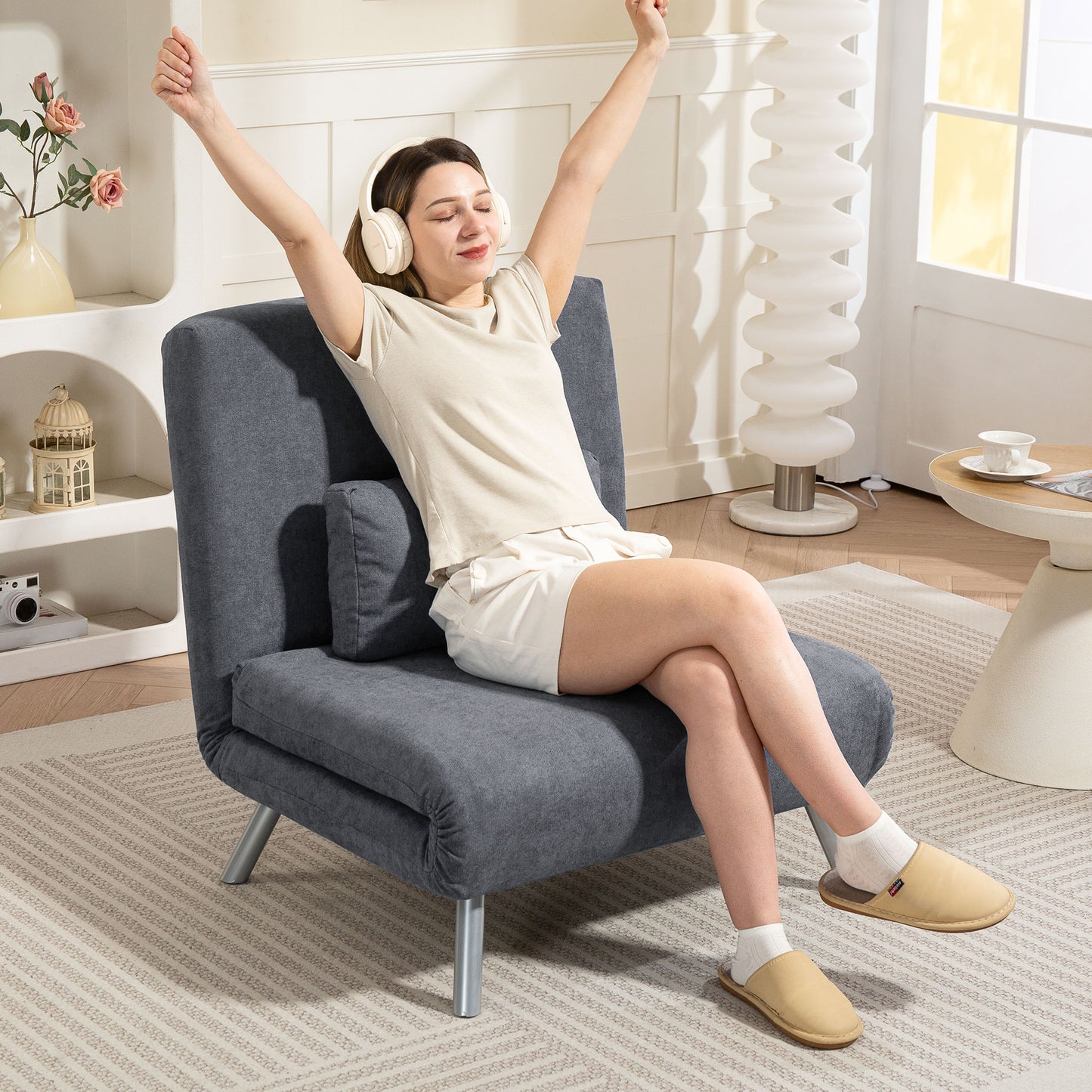 Convertible Sleeper Chair with Cushion, Dark Grey Fabric