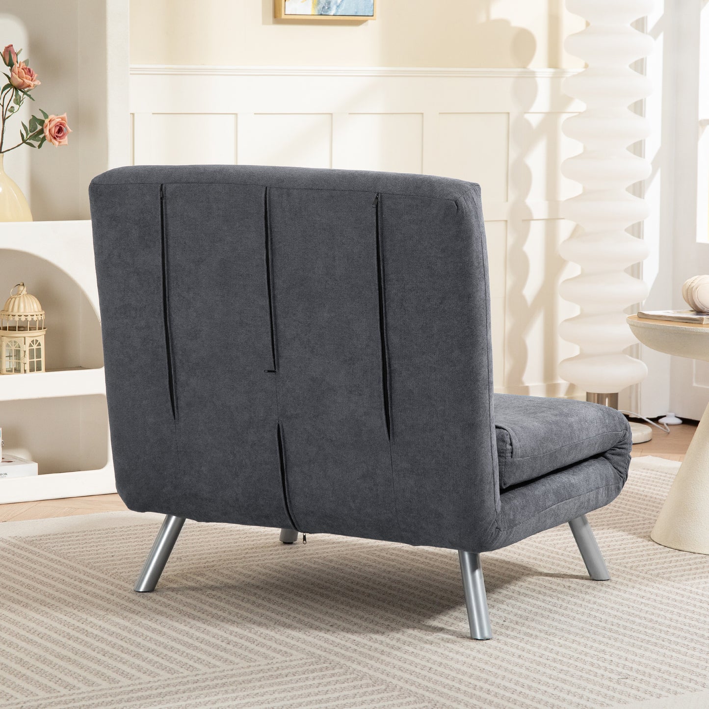Convertible Sleeper Chair with Cushion, Dark Grey Fabric