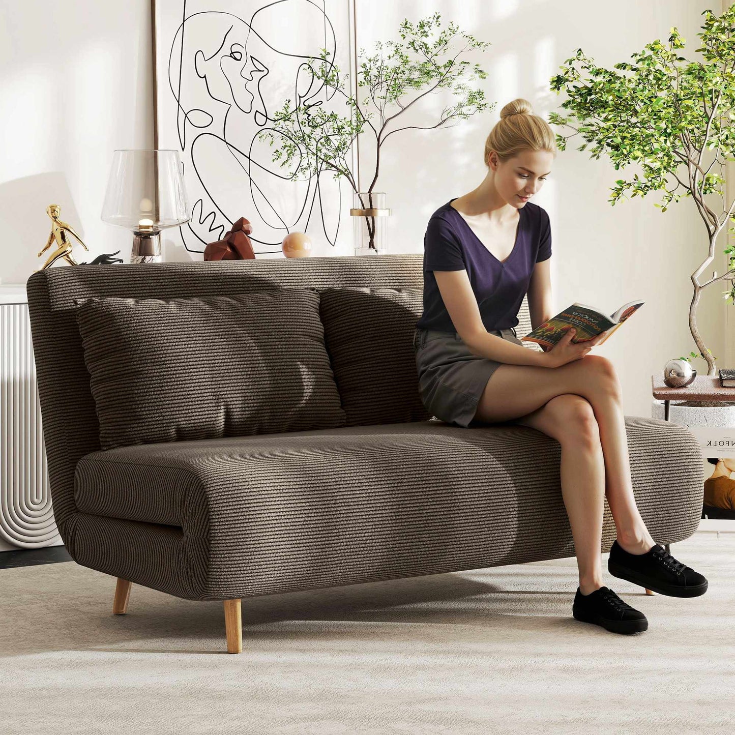 Convertible Sofa Bed, Adjustable Backrest, Corduroy, 120 kg Capacity