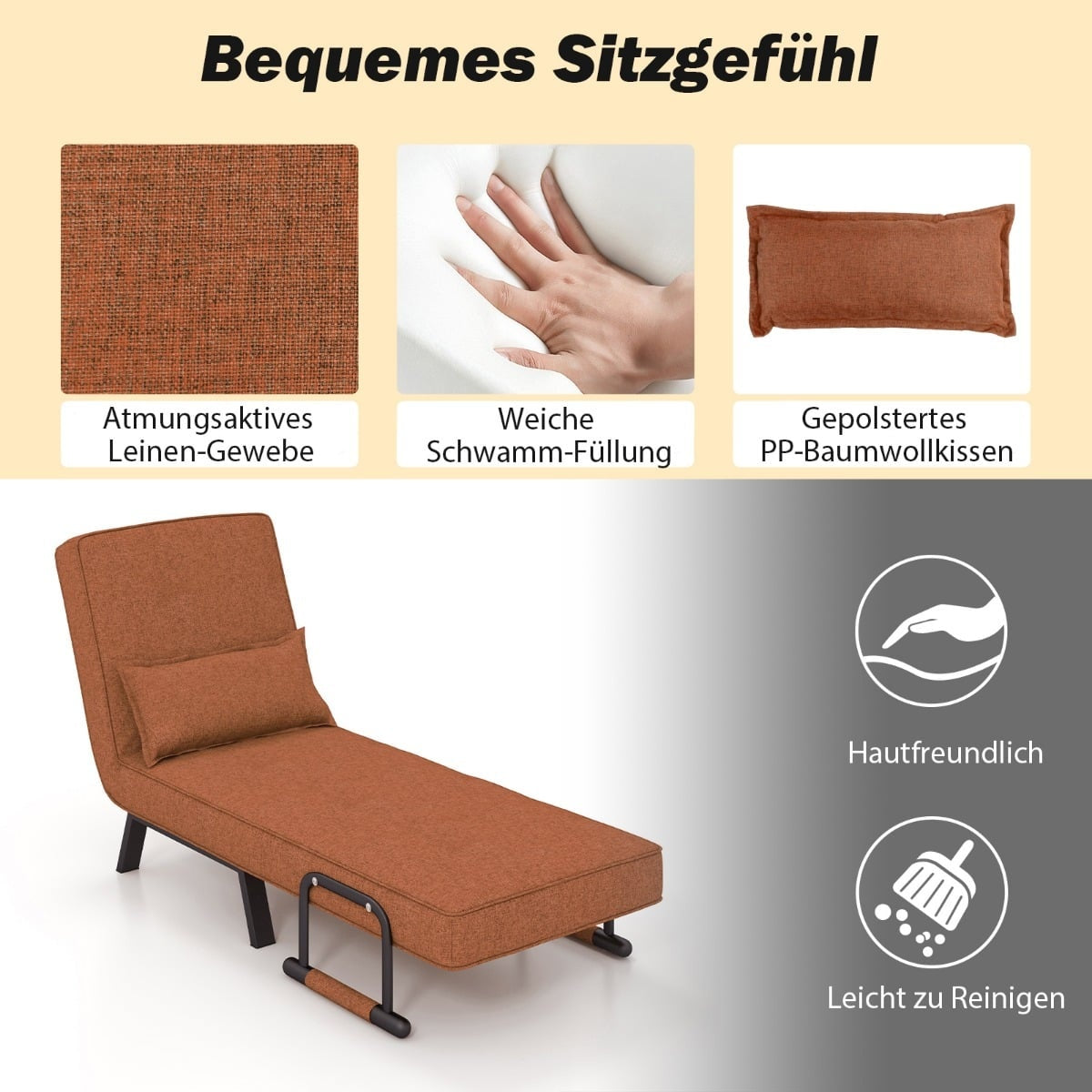 Convertible Sofa Bed Chair – 6-Position Recliner, Linen Fabric