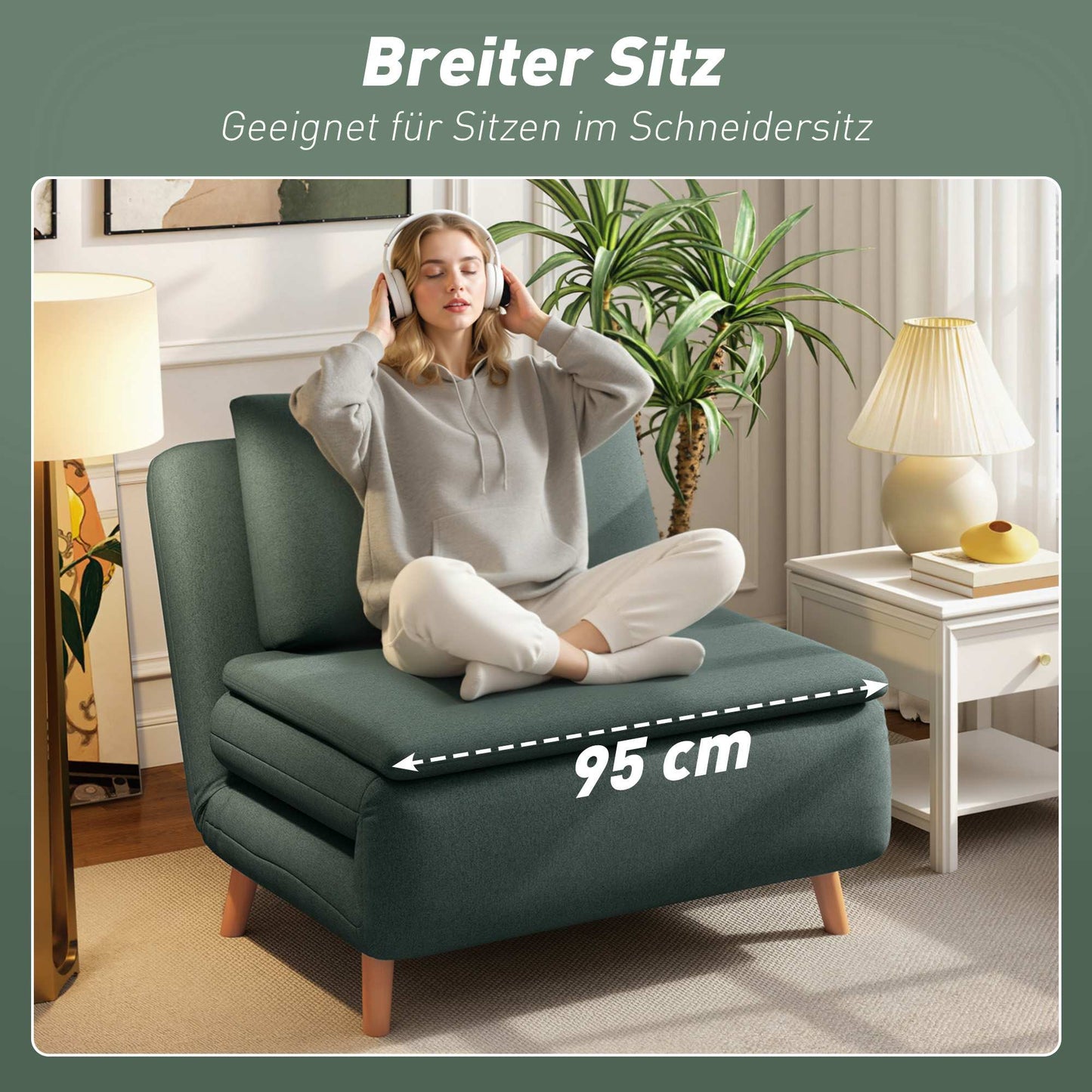 Convertible Sofa Bed Chair – Adjustable Backrest, Beechwood Legs, Dark Green