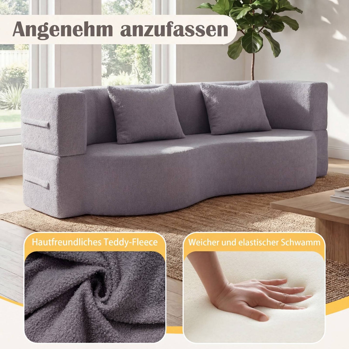 Convertible Sofa Bed, Teddy-Fleece, 192.5 cm, White