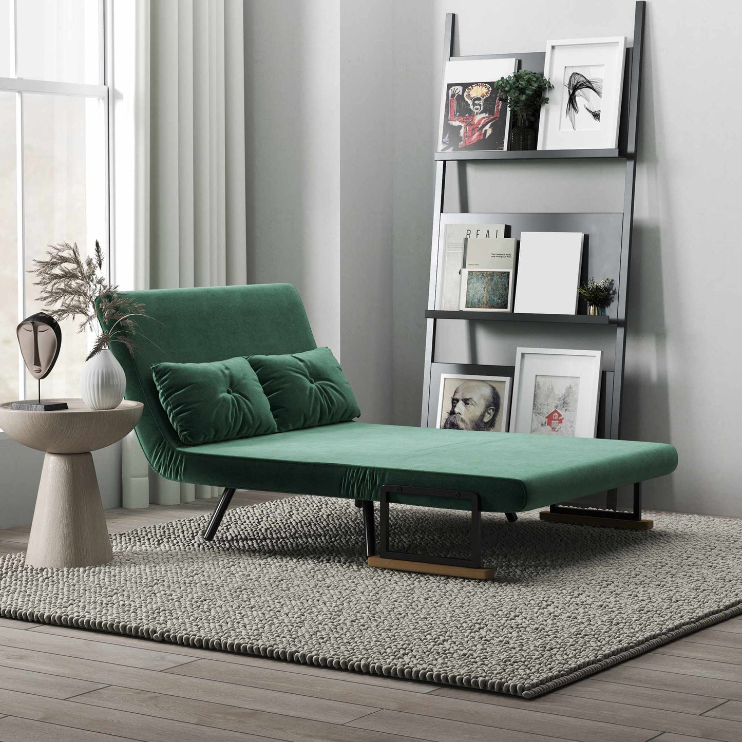 Convertible Sofa Bed with Adjustable Backrest, Green Fabric
