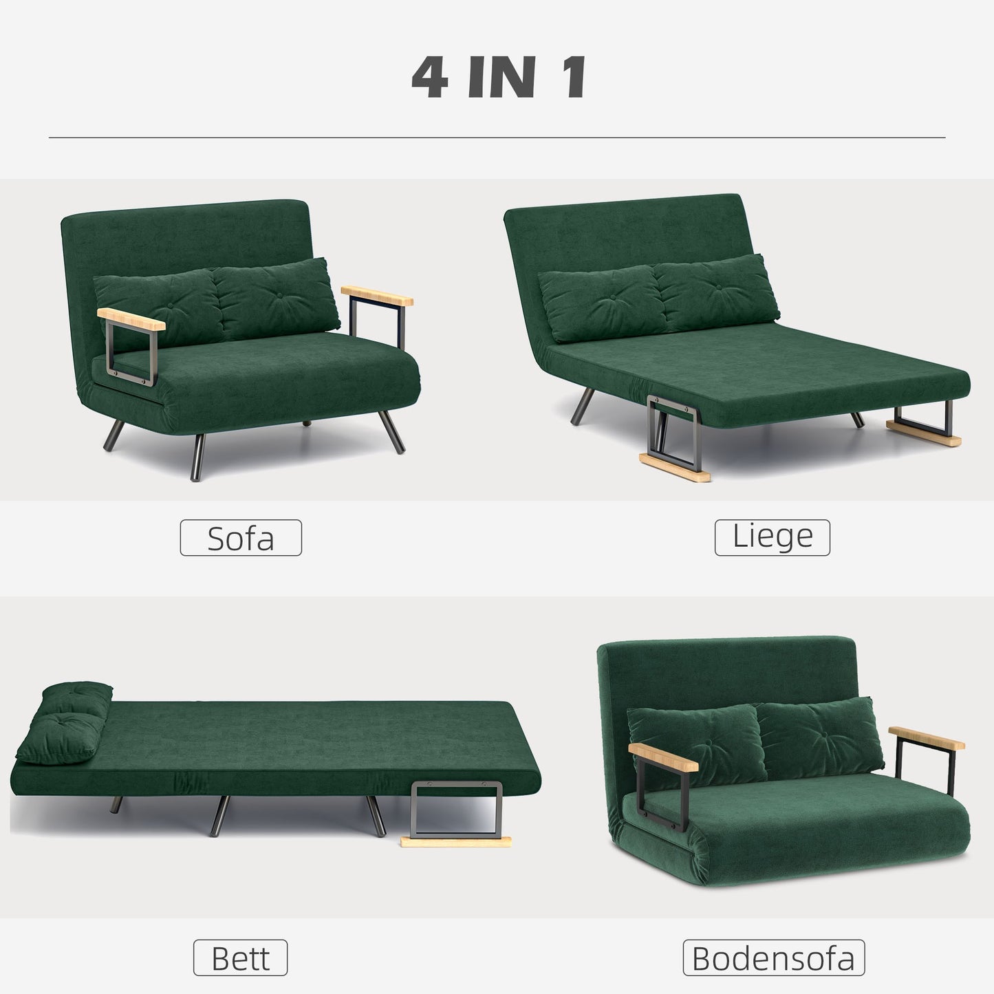 Convertible Sofa Bed with Adjustable Backrest, Green Fabric