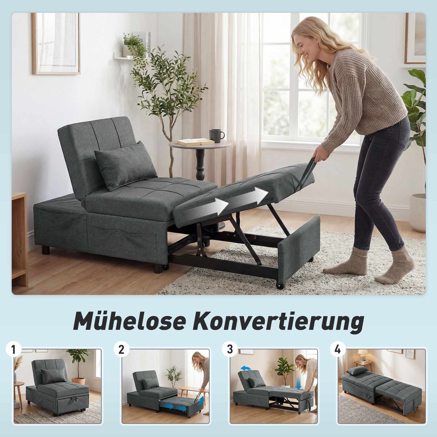 Convertible Sofa Bed with Adjustable Backrest and Cushion