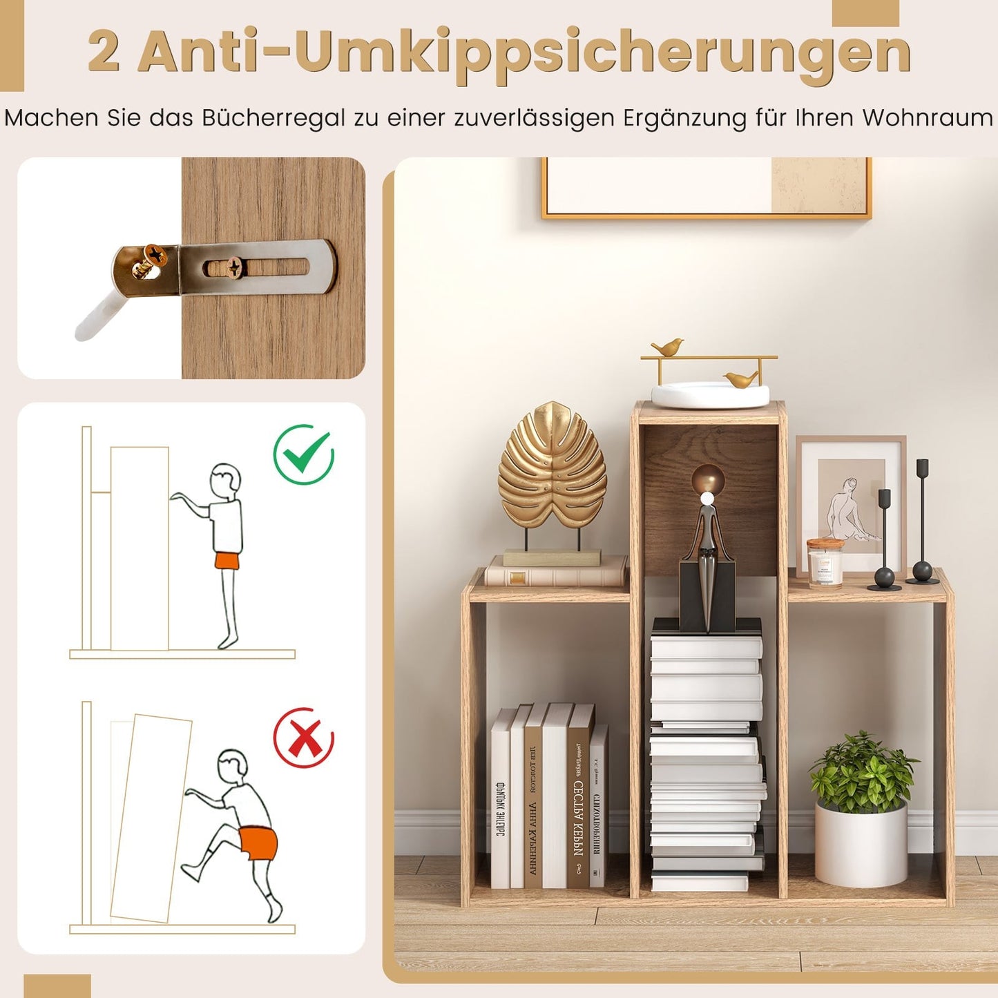 Convex Bookshelf with Anti-Tip, 3 Shelves, 84x83.5 cm