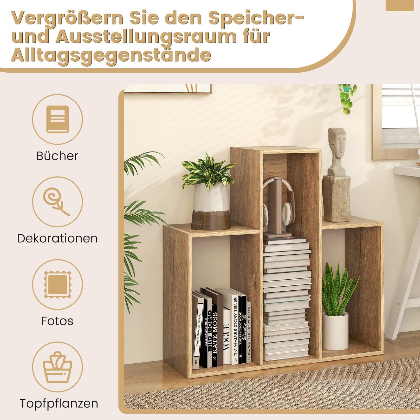 Convex Bookshelf with Anti-Tip, 3 Shelves, 84x83.5 cm