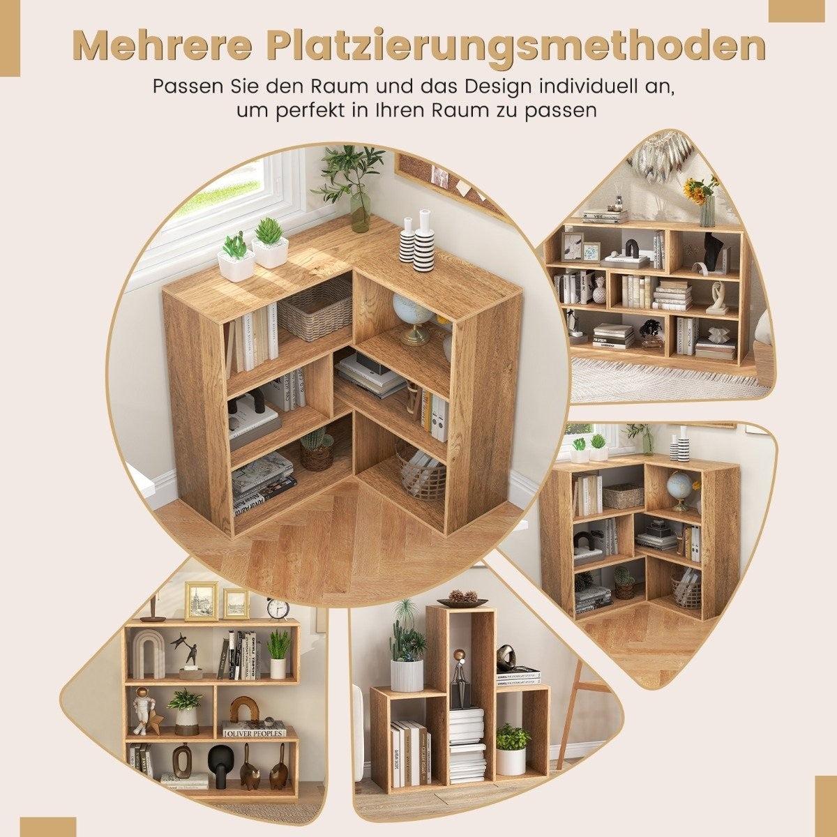 Convex bookcase with 3 shelf levels and anti-tip protection. Modern presentation shelf, natural