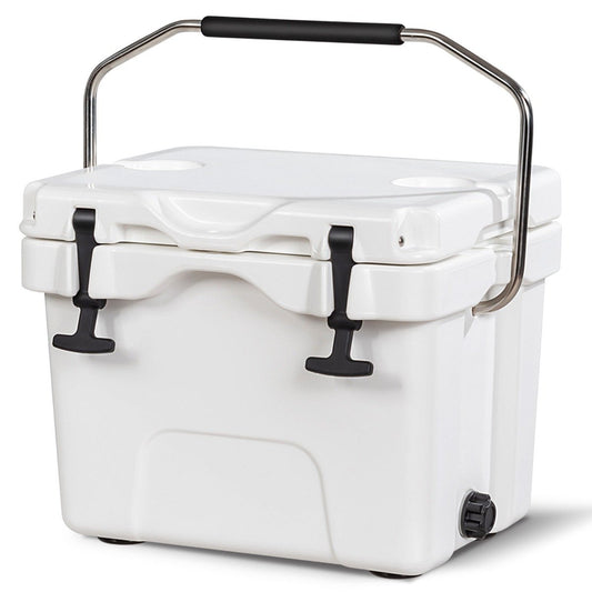 Cool box with 15 L capacity ice chest with handle drain plug & 2 drink holders white