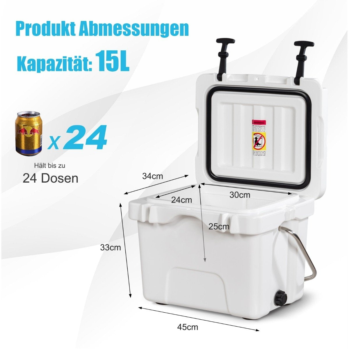 Cool box with 15 L capacity ice chest with handle drain plug & 2 drink holders white