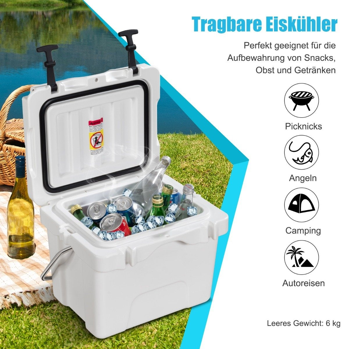 Cool box with 15 L capacity ice chest with handle drain plug & 2 drink holders white