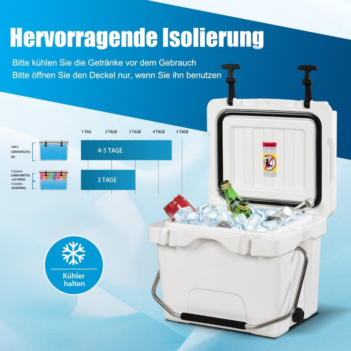Cool box with 15 L capacity ice chest with handle drain plug & 2 drink holders white