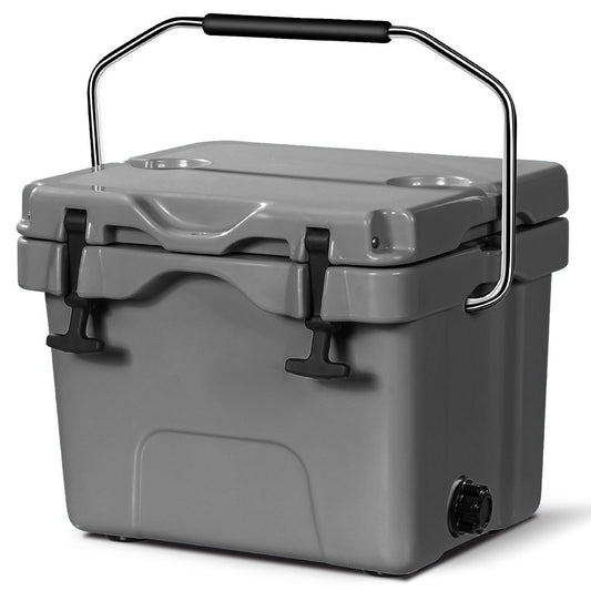 Cool box with 15 liter capacity, ice chest with handle, drain plug and 2 cup holders, grey