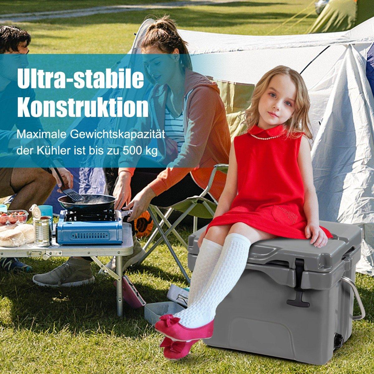 Cool box with 15 liter capacity, ice chest with handle, drain plug and 2 cup holders, grey