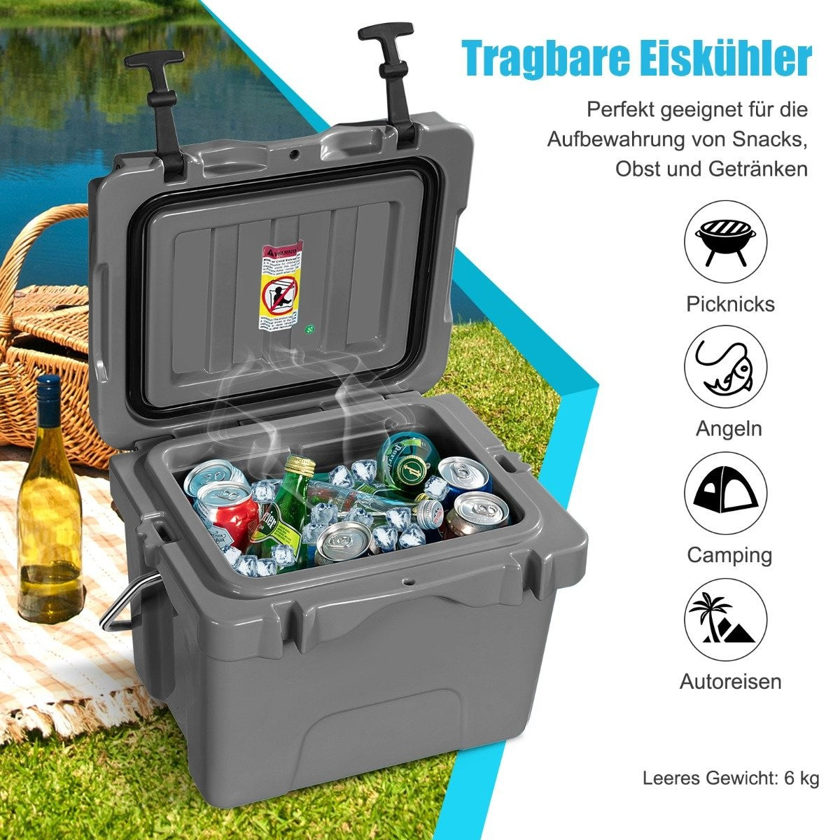 Cool box with 15 liter capacity, ice chest with handle, drain plug and 2 cup holders, grey
