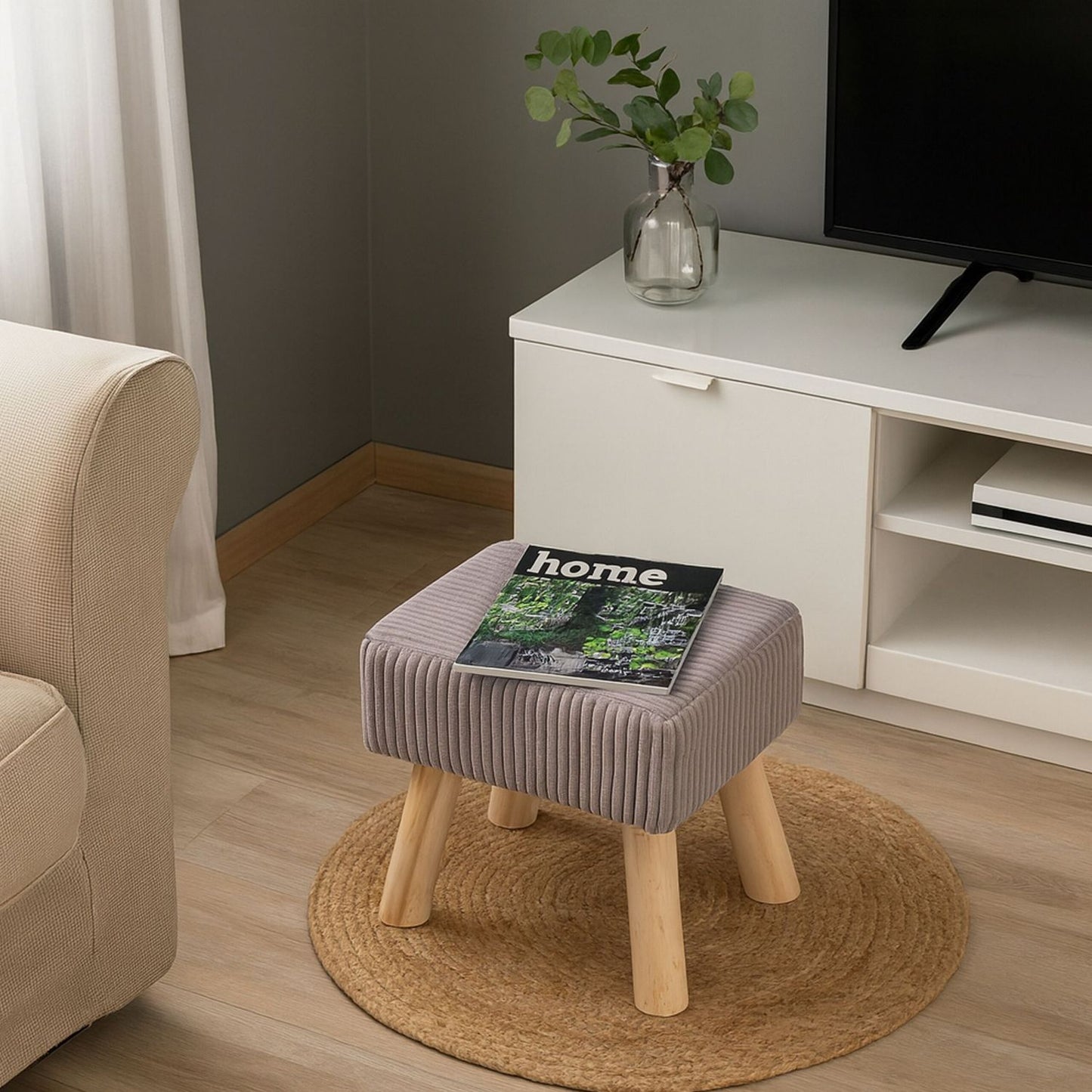 Cord Pouffe – Upholstered Footrest with Wooden Legs