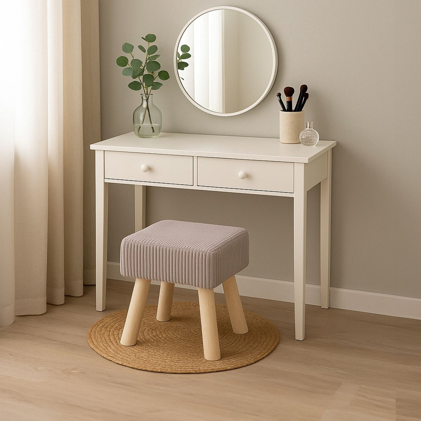 Cord Upholstered Pouffe – Soft Seat, Wooden Legs