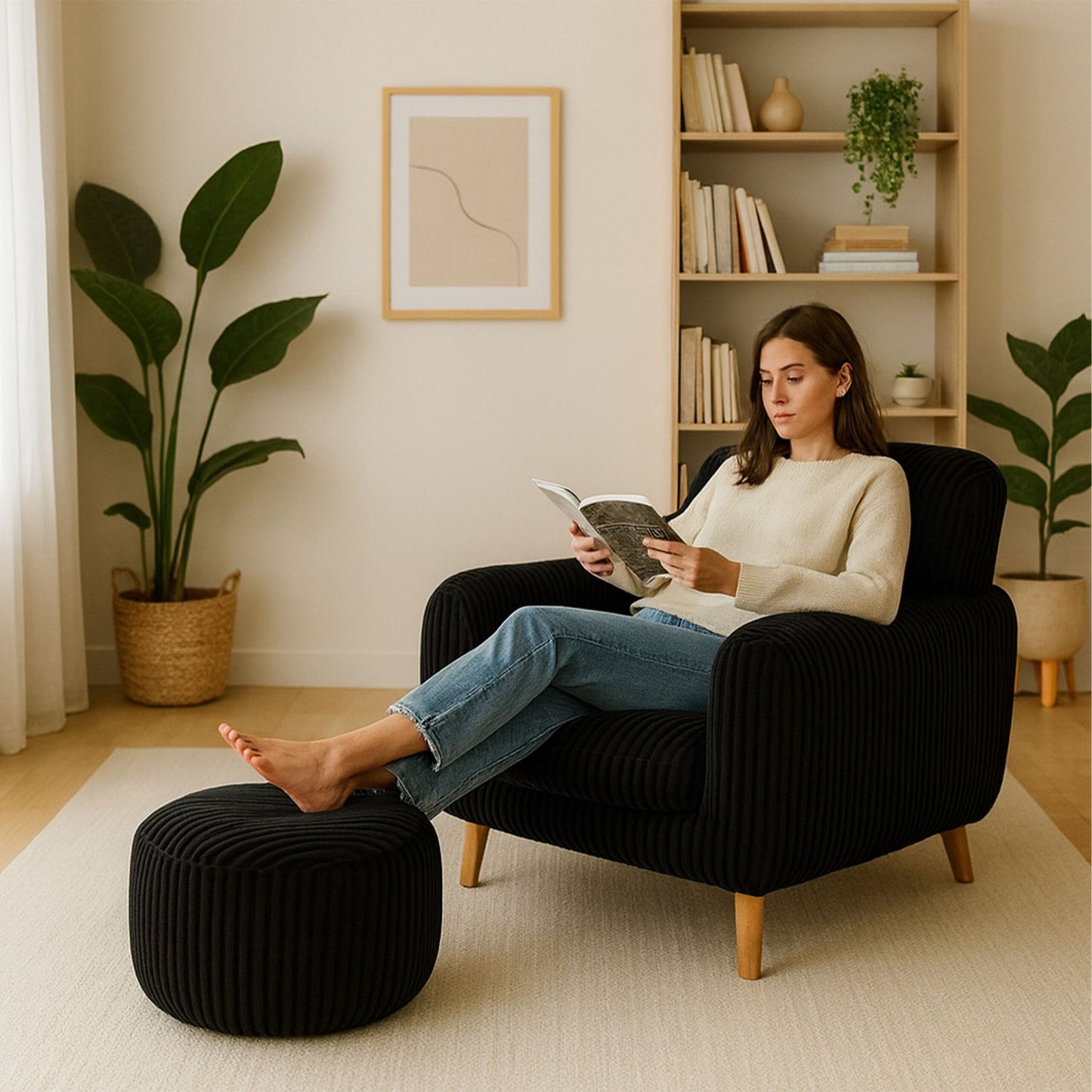 Corduroy Pouf – Round Floor Cushion, Soft Cover
