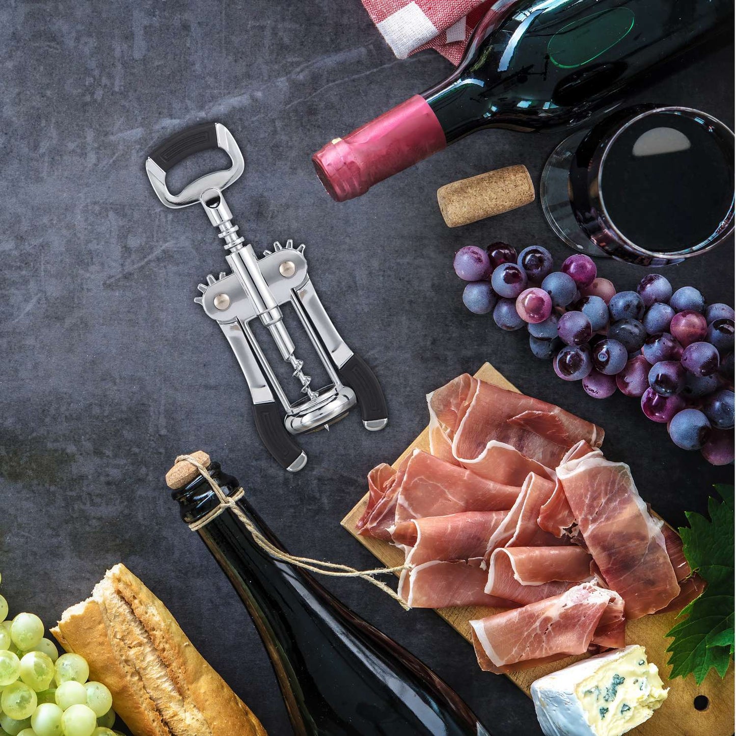 Corkscrew with lever and bottle opener