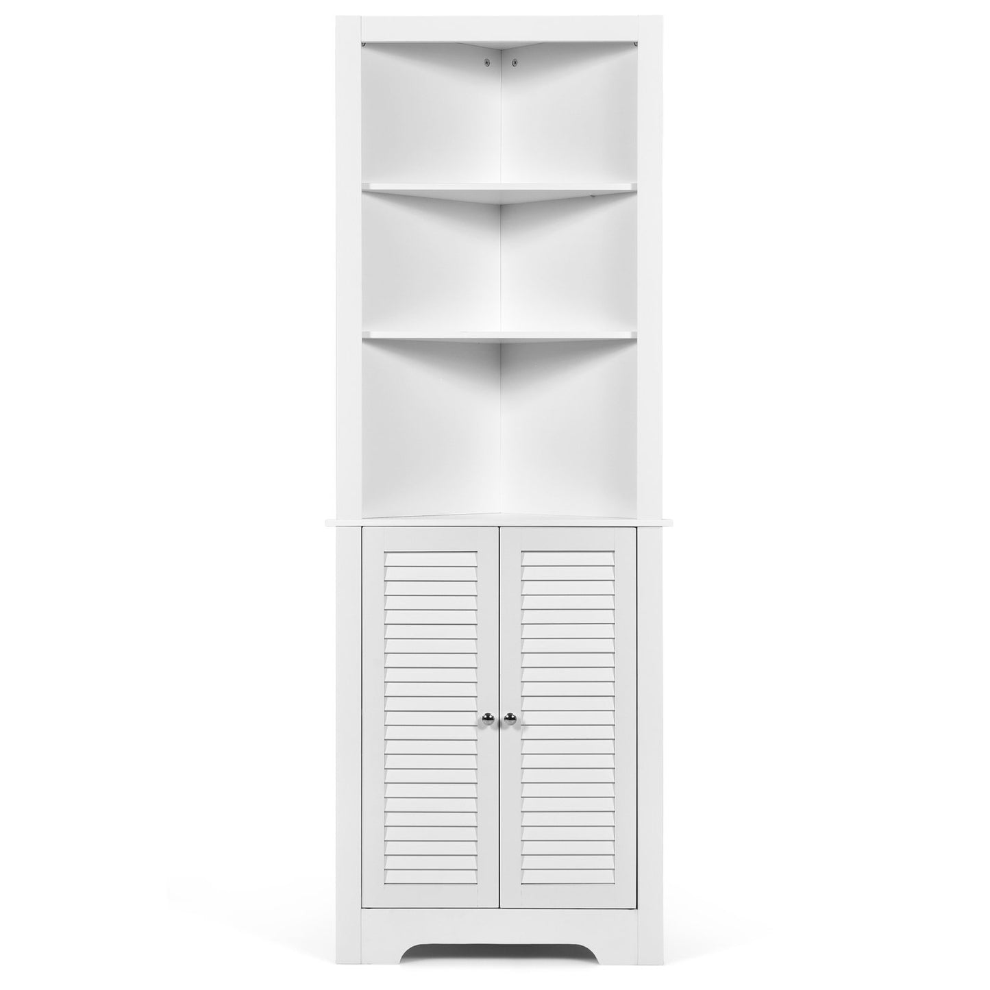Corner Bathroom Cabinet with 3 Open Shelves & 2 Louvered Doors