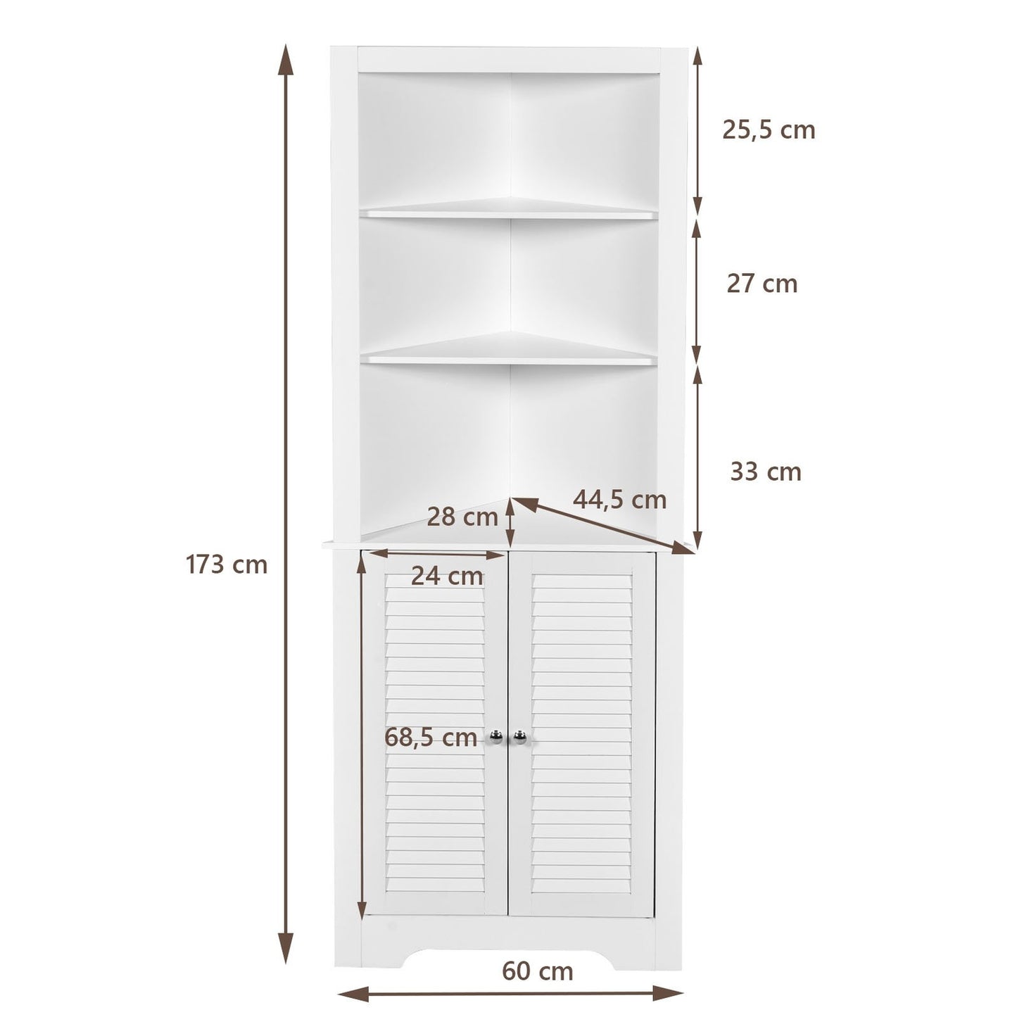Corner Bathroom Cabinet with 3 Open Shelves & 2 Louvered Doors