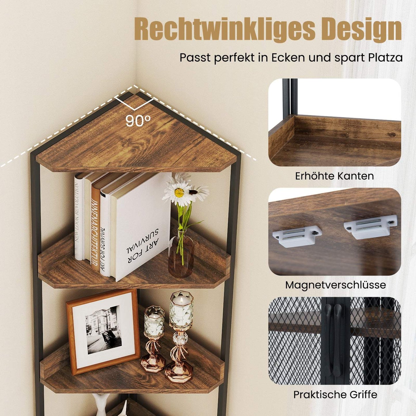 Corner Bookshelf with Cabinet & Metal Frame, 170 cm
